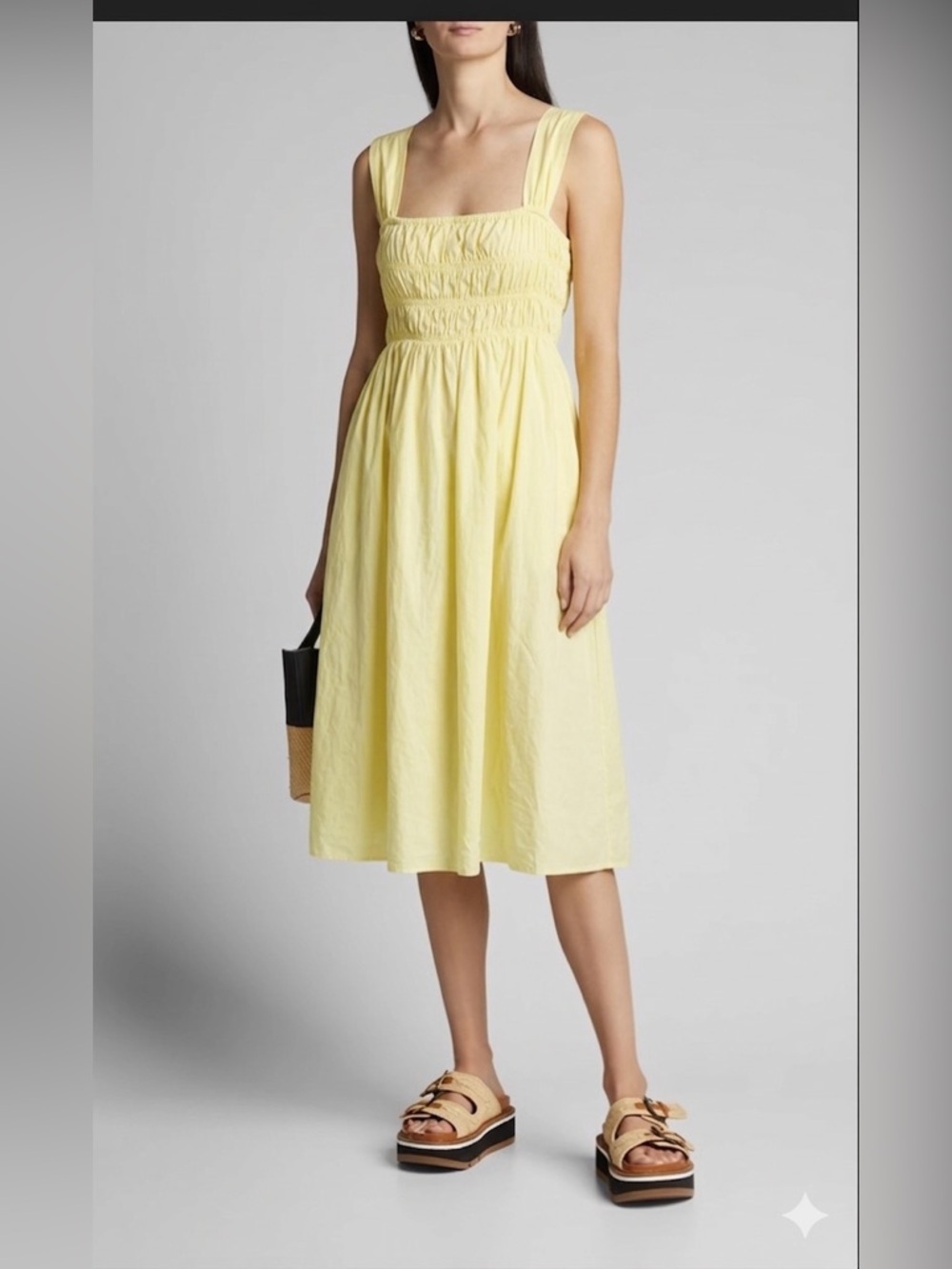 Sleeveless Yellow Midi Dress with Smocked Bodice